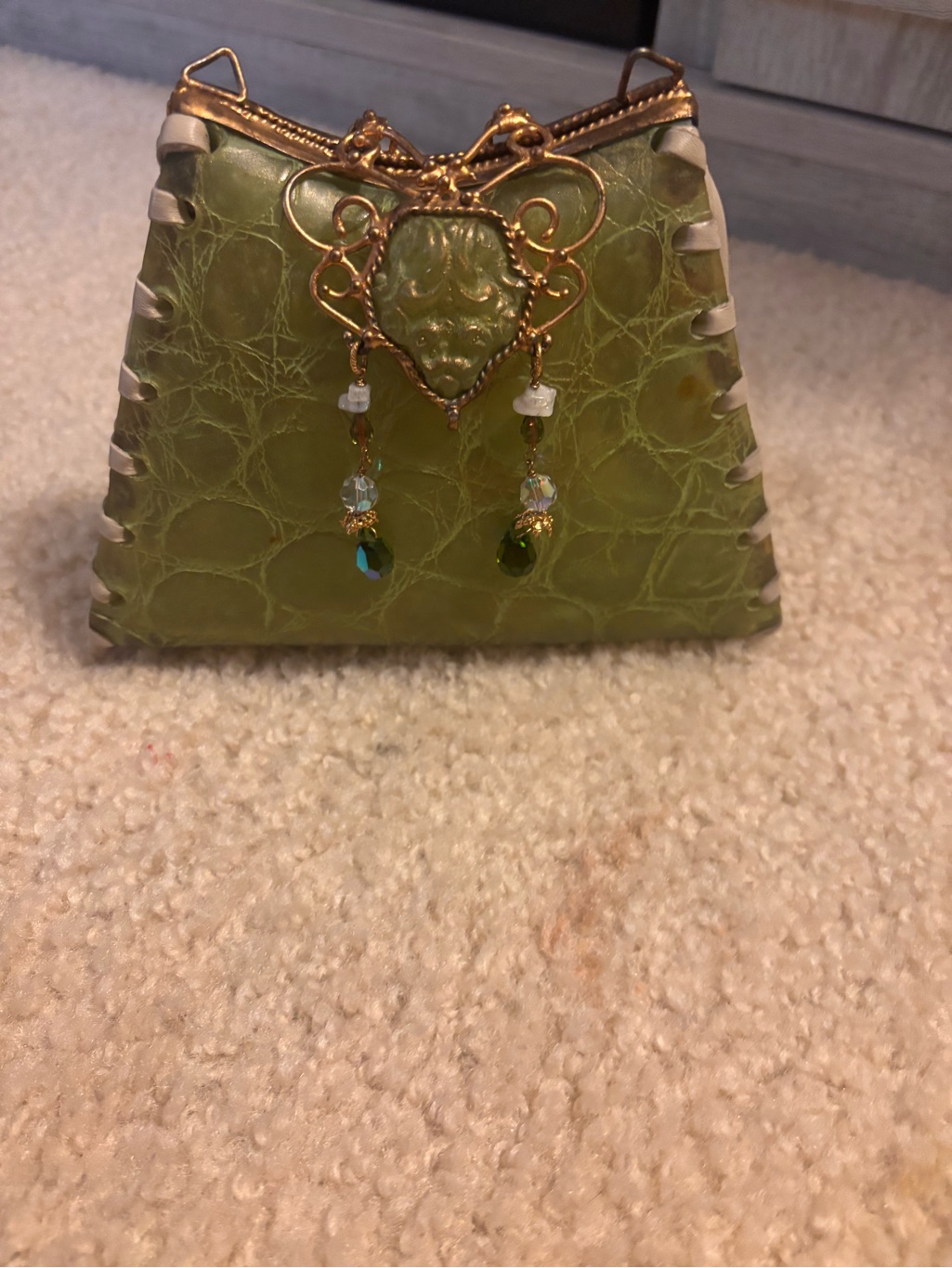 Vintage Maya Evangelista Green Embellished Clutch Wristlet With Gold Accents